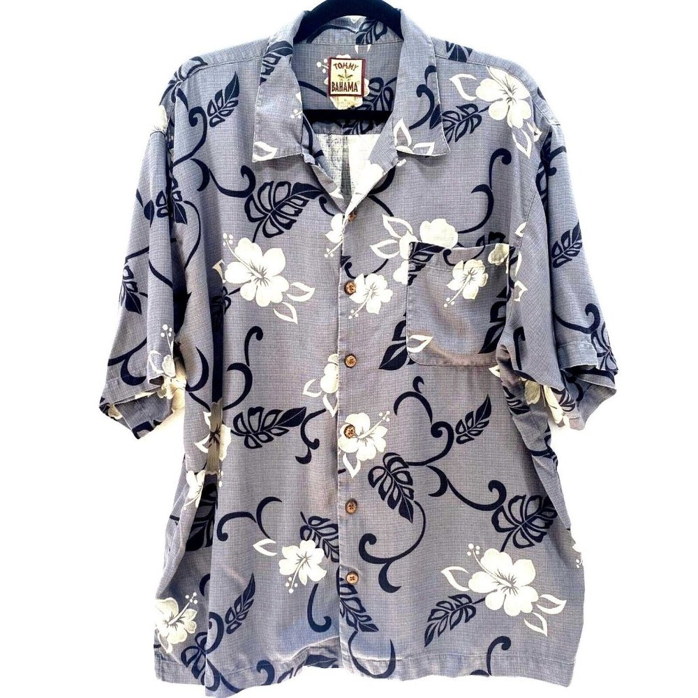 TOMMY BAHAMA 100%Silk Button XL Tropical Gray/White Short Sleeve Hawaii Vacation